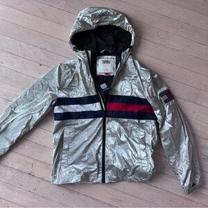 Tommy Jeans Metallic Silver Hooded Windbreaker Jacket Size Large L Y2K 90s